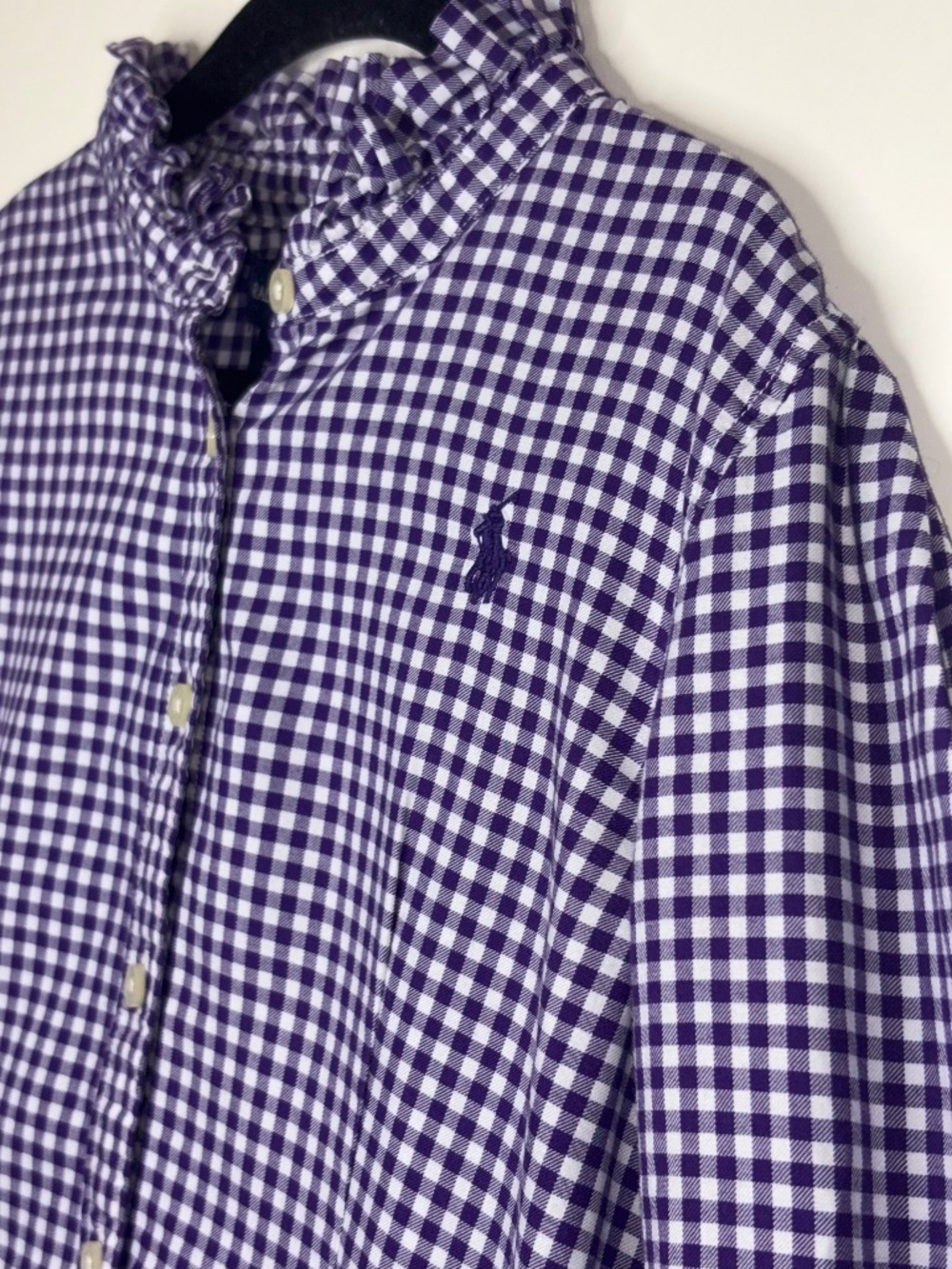 Ralph Lauren Ruffle Collar Gingham Shirt Women’s 8 Purple White Long Sleeve